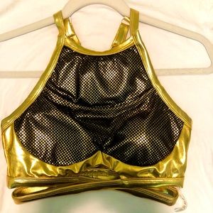 Gold Fishnet High-Neck Sports Bra